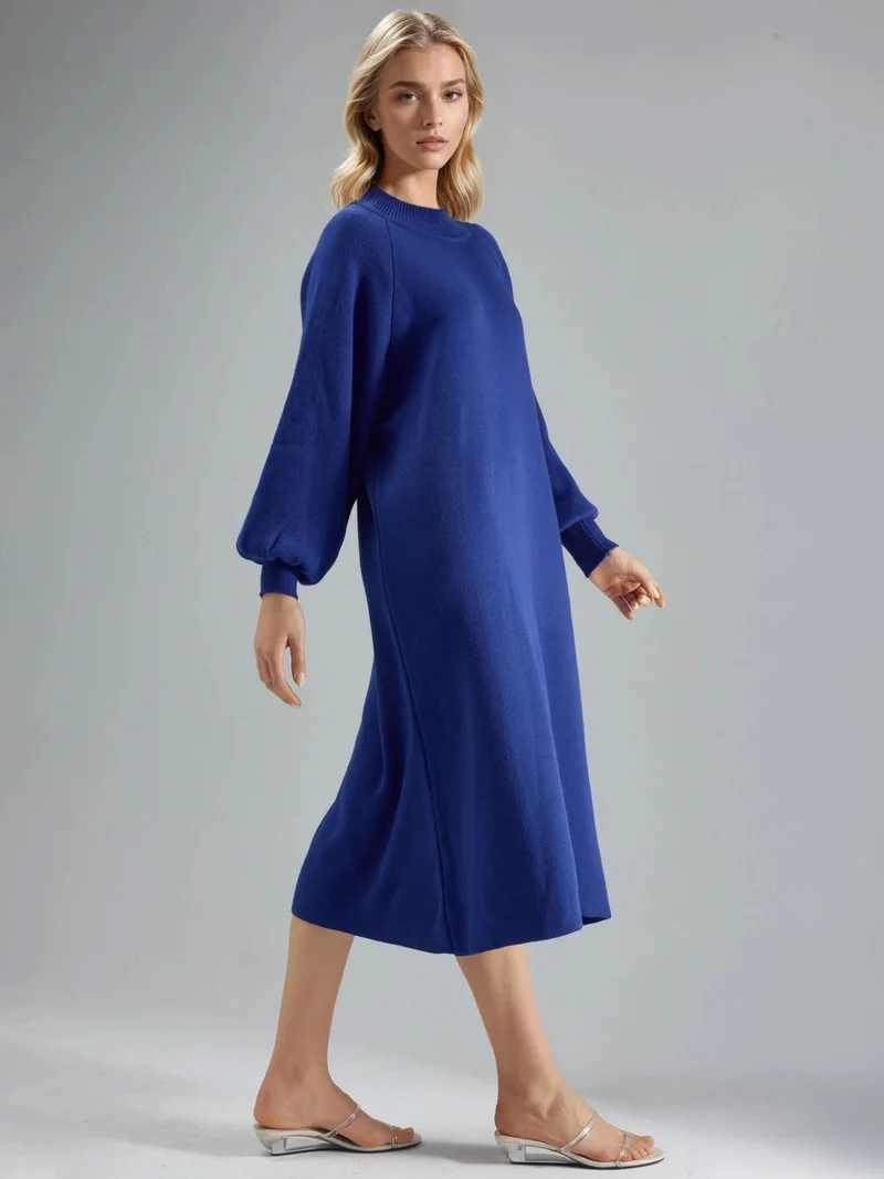 MY FASHION Cobalt Blue MY FASHION Long Loose Fit Ribbed Knit Dress with Crew Neck for Women | Best Price UAE